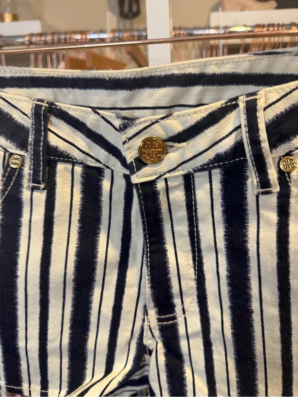 Tory Burch Navy and Cream Striped Tie-Waist Shorts